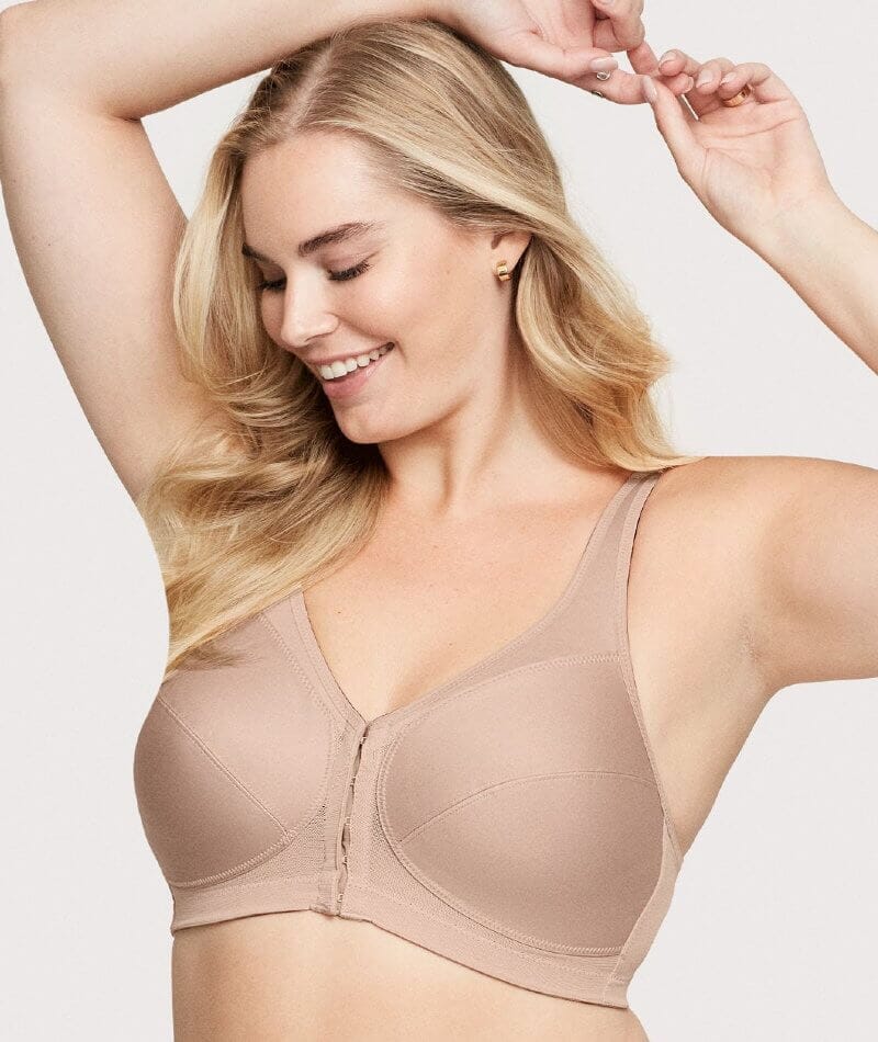 Glamorise Front-Closure Cotton T-Back Wire-Free Comfort Bra - Cafe - Curvy